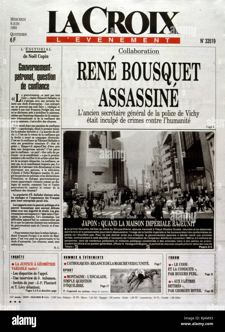 Pagina anteriore della pubblicazione francese " La Croix " reporting l assassinio di René Bousquet, Giugno 1993. René Bousquet (1909 - 8 giugno 1993); alta classifica francese incaricato e politico che ha servito come segretario generale al regime di Vichy polizia da maggio 1942 al 31 dicembre 1943. Dopo la ricezione di Amnesty International nel 1959, Bousquet diventa nuovamente attivo in politica, il supporto di sinistra attraverso i politici degli anni settanta. Egli è stato incriminato nel 1991 per le sue decisioni nel corso della Vel' d'Hiv Roundup nel 1942, che ha portato a bambini ebrei di essere deportati e uccisi. Bousquet fu assassinato nel 1993 da Christian Didier poco Foto Stock