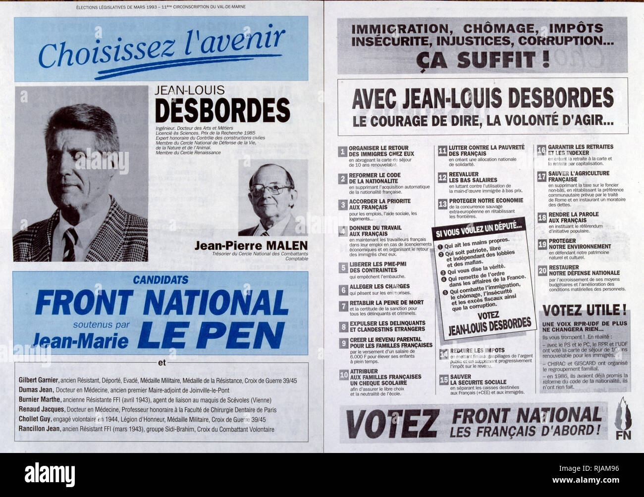 Cartellone elettorale per il Fronte Nazionale (Fronte nazionale) partito nelle elezioni francesi del 1993. Due candidati sono mostrati: Jean-Louis Desbourdes e Jean-Pierre Malen Foto Stock