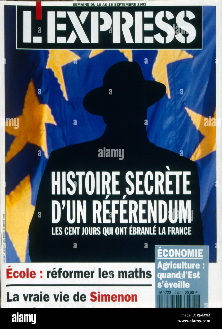 Copertina della rivista francese "L'Express' prima del referendum sul Trattato di Maastricht, tenutosi in Francia il 20 settembre 1992. Essa è stata approvata da solo il 51% degli elettori. Il risultato del referendum, noto come ''petit oui'', insieme con la Presidenza danese ''No'' voto sono considerati segnali della fine del ''consenso permissivo'' sull'integrazione europea che esisteva nella maggior parte dell Europa continentale fino ad allora. Da questo punto in avanti le questioni relative al processo di integrazione europea sono state soggette a molto maggiore controllo in gran parte dell'Europa, e palese scetticismo euro guadagnato importanza. Solo la Francia, Foto Stock