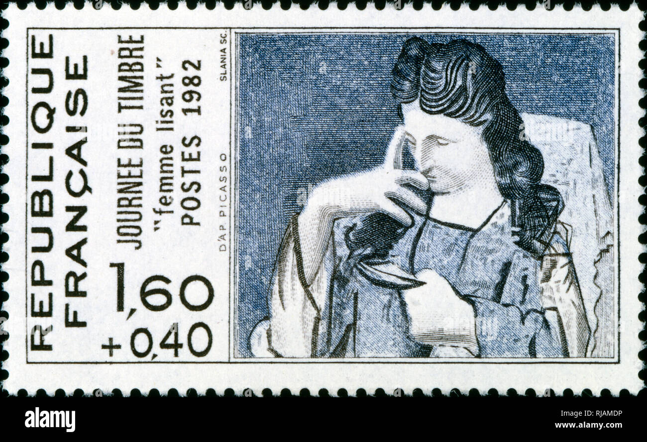 1982, francese francobollo raffigurante "donna" di lettura di un dipinto in modo cubista, di Pablo Picasso (1881-1973) Foto Stock
