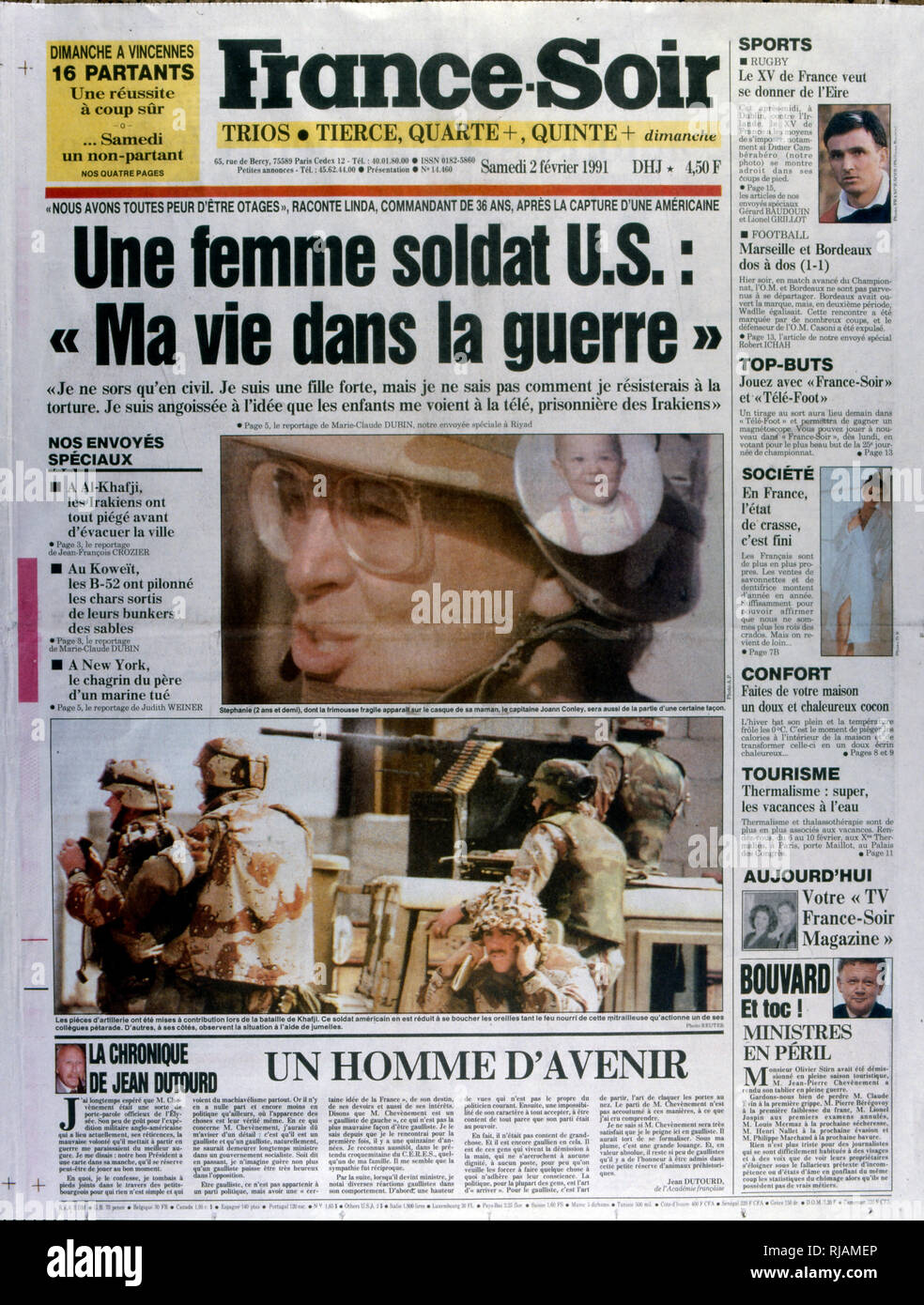 Pagina anteriore della pubblicazione francese 'France-Soir' reporting gli ultimi giorni della guerra del Golfo, 2° febbraio 1991. La guerra del Golfo (2 agosto 1990 - 28 febbraio 1991), nome in codice Operazione Desert Shield e la tempesta di deserto di funzionamento, è stata una guerra combattuta con le forze di coalizione da 35 nazioni condotte dagli Stati Uniti contro l'Iraq in risposta all'Iraq dell' invasione e l'annessione del Kuwait. Foto Stock