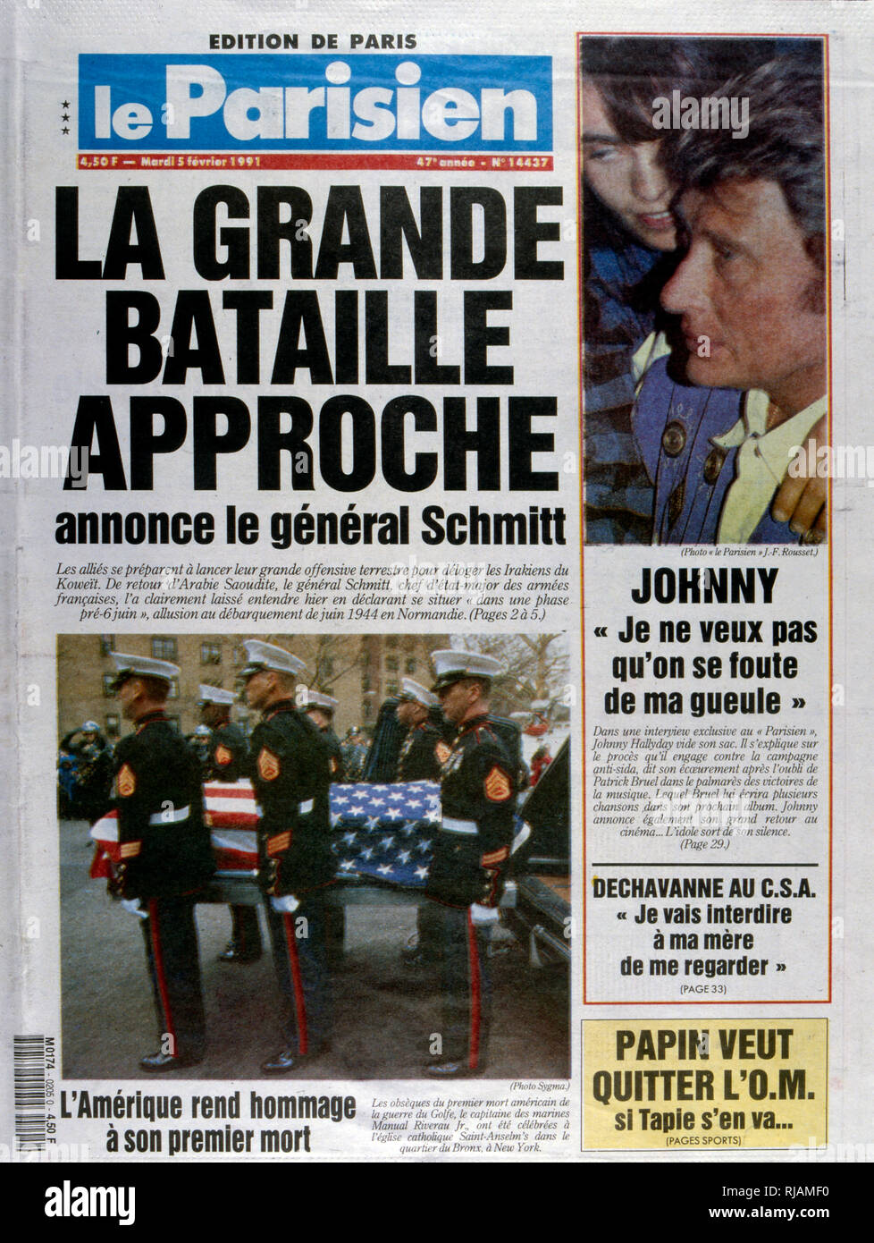 Pagina anteriore della pubblicazione francese "Le Parisien" reporting gli ultimi giorni della guerra del Golfo, 5 febbraio 1991. Il cantante Johnny Halliday è visibile sulla destra della pagina anteriore. La guerra del Golfo (2 agosto 1990 - 28 febbraio 1991), nome in codice Operazione Desert Shield e la tempesta di deserto di funzionamento, è stata una guerra combattuta con le forze di coalizione da 35 nazioni condotte dagli Stati Uniti contro l'Iraq in risposta all'Iraq dell' invasione e l'annessione del Kuwait. Foto Stock