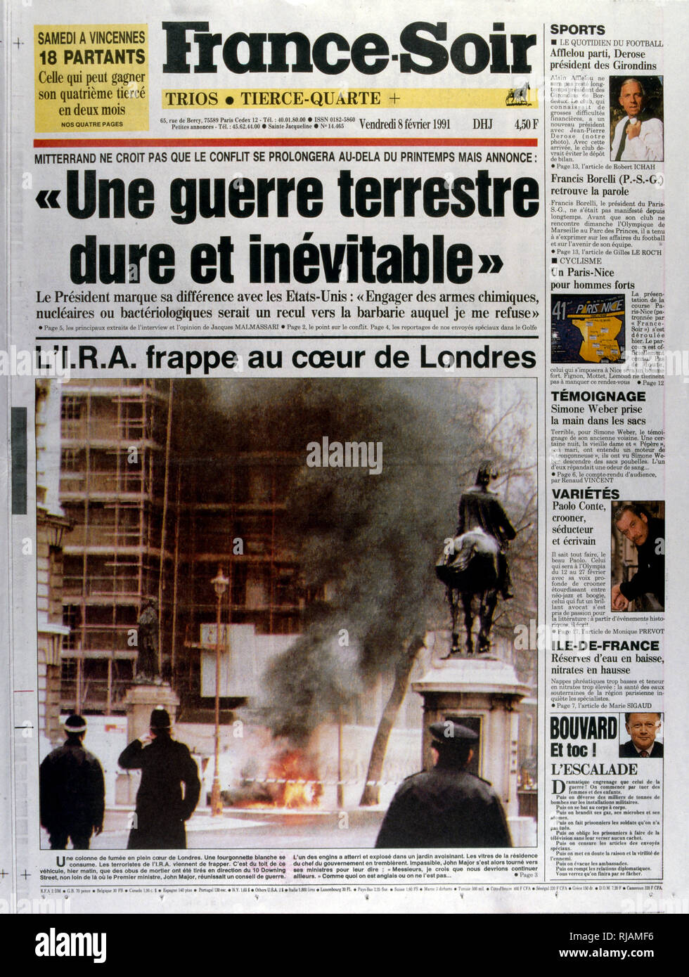 Pagina anteriore della pubblicazione francese 'France-Soir' reporting gli ultimi giorni della guerra del Golfo e di un terrorista IRA esplosione nel centro di Londra, 8 febbraio 1991. La guerra del Golfo (2 agosto 1990 - 28 febbraio 1991), nome in codice Operazione Desert Shield e la tempesta di deserto di funzionamento, è stata una guerra combattuta con le forze di coalizione da 35 nazioni condotte dagli Stati Uniti contro l'Iraq in risposta all'Iraq dell' invasione e l'annessione del Kuwait. Foto Stock