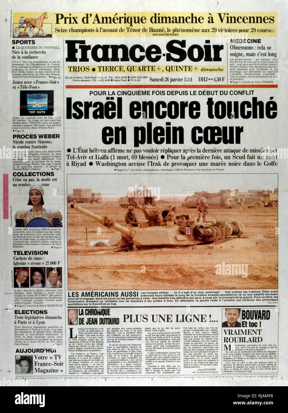 Pagina anteriore della pubblicazione francese 'France-Soir' la segnalazione di un attacco a Tel Aviv e Haifa in Israele durante la guerra del Golfo. Il 26 gennaio, 1991. La guerra del Golfo (2 agosto 1990 - 28 febbraio 1991), nome in codice Operazione Desert Shield e la tempesta di deserto di funzionamento, è stata una guerra combattuta con le forze di coalizione da 35 nazioni condotte dagli Stati Uniti contro l'Iraq in risposta all'Iraq dell' invasione e l'annessione del Kuwait. Foto Stock