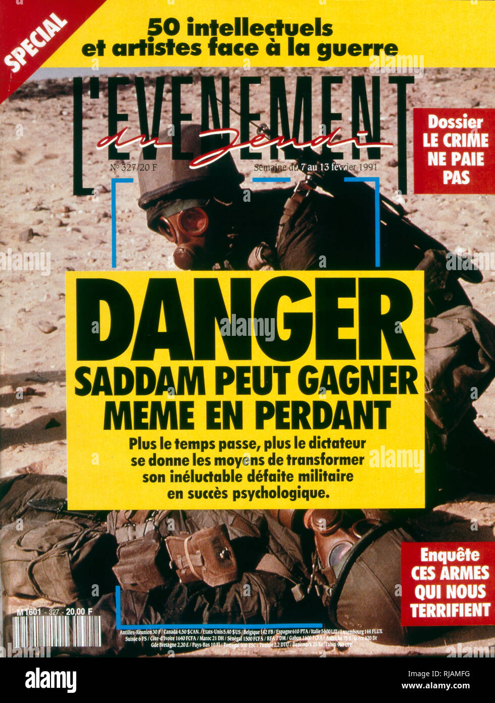 Pagina anteriore della pubblicazione francese 'L' Evenement' per la creazione di report che Saddam Hussein vince anche se perde la guerra del Golfo. Febbraio, 1991. La guerra del Golfo (2 agosto 1990 - 28 febbraio 1991), nome in codice Operazione Desert Shield e la tempesta di deserto di funzionamento, è stata una guerra combattuta con le forze di coalizione da 35 nazioni condotte dagli Stati Uniti contro l'Iraq in risposta all'Iraq dell' invasione e l'annessione del Kuwait. Foto Stock