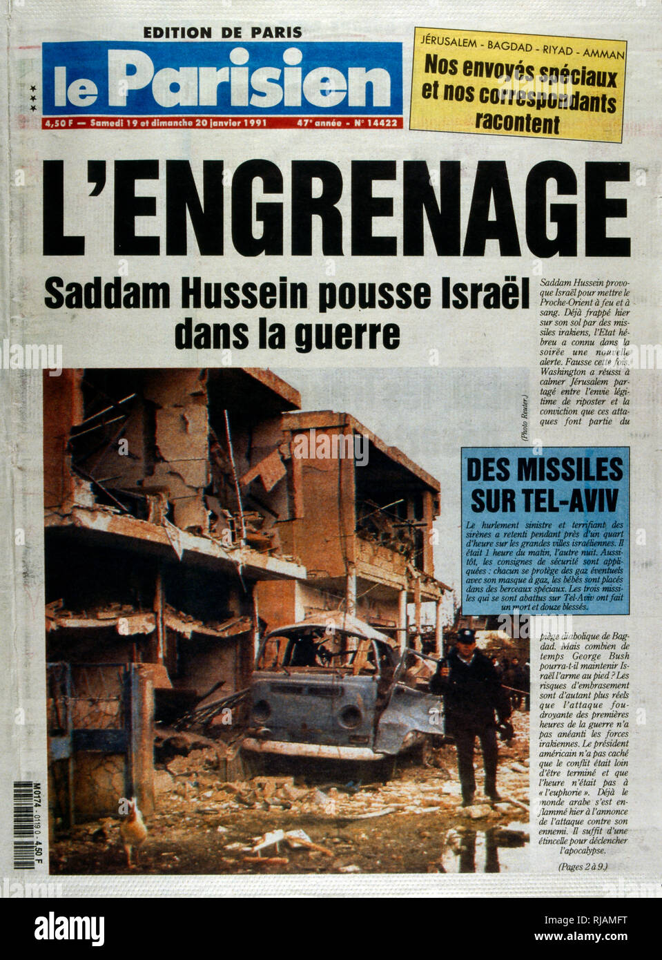 Pagina anteriore della pubblicazione francese "Le Parisien" per la creazione di report che Israele è stato mirato da parte dell'Iraq durante la guerra del Golfo; Gennaio 1991. La guerra del Golfo (2 agosto 1990 - 28 febbraio 1991), nome in codice Operazione Desert Shield e la tempesta di deserto di funzionamento, è stata una guerra combattuta con le forze di coalizione da 35 nazioni condotte dagli Stati Uniti contro l'Iraq in risposta all'Iraq dell' invasione e l'annessione del Kuwait. Foto Stock