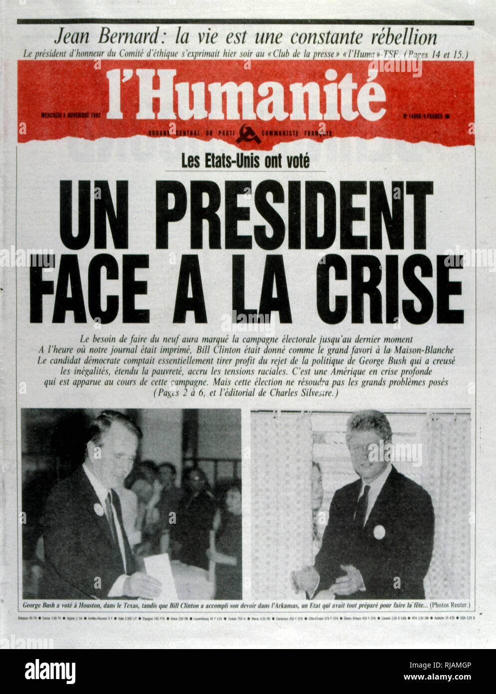 Titolo del giornale francese 'L'Humanite' concernente gli Stati Uniti elezioni presidenziali di novembre 1992. Il Presidente uscente George Bush ha perso contro il governatore Bill Clinton. Foto Stock
