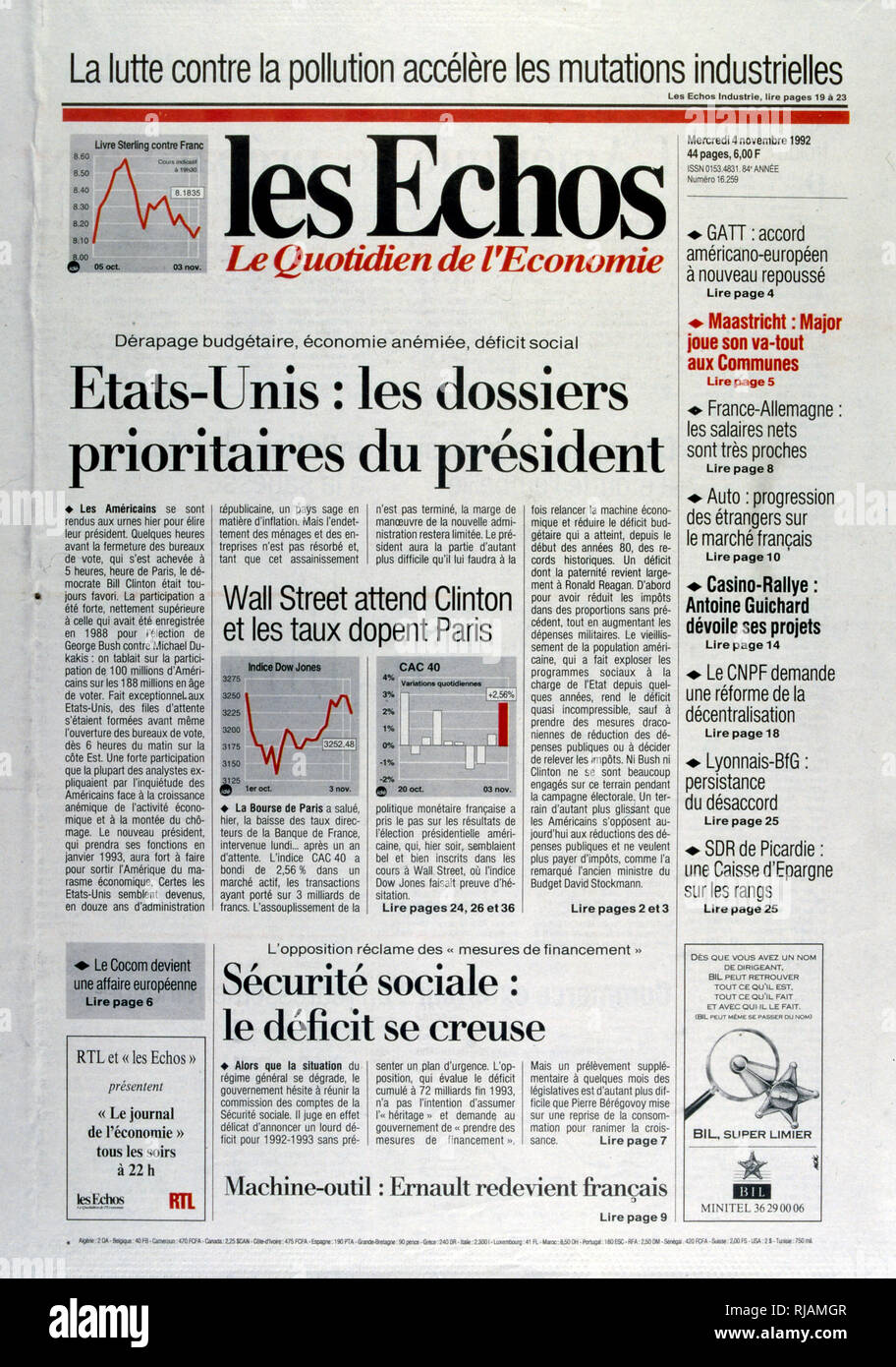 Titolo del quotidiano francese "Les echi" riguardante le priorità economiche per l'arrivo del Presidente USA dopo gli Stati Uniti elezioni presidenziali di novembre 1992. Il Presidente uscente George Bush ha perso contro il governatore Bill Clinton. Foto Stock