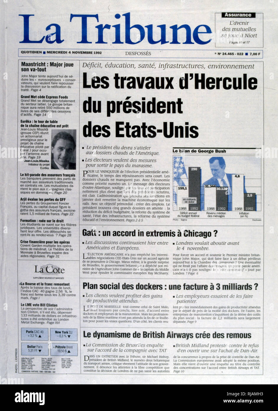 Titolo del quotidiano francese "La Tribune" riguardante le priorità economiche per l'arrivo del Presidente USA dopo gli Stati Uniti elezioni presidenziali di novembre 1992. Il Presidente uscente George Bush ha perso contro il governatore Bill Clinton. Foto Stock
