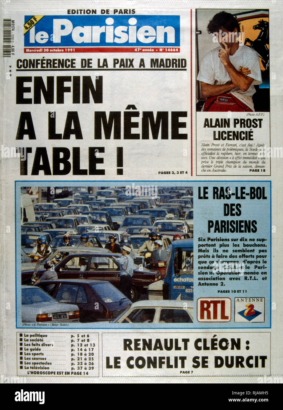 Pubblicazione francese "Le Parisien" reporting sulla Conferenza di Madrid; una conferenza di pace tenutasi dal 30 Ottobre al 1 novembre 1991 a Madrid, ospitato da Spagna e co-sponsorizzato da Stati Uniti e Unione Sovietica. Era un tentativo da parte della comunità internazionale per rilanciare il processo di pace israelo-palestinese attraverso negoziati tra Israele e i palestinesi, come pure paesi arabi, inclusa la Giordania, il Libano e la Siria. Foto Stock