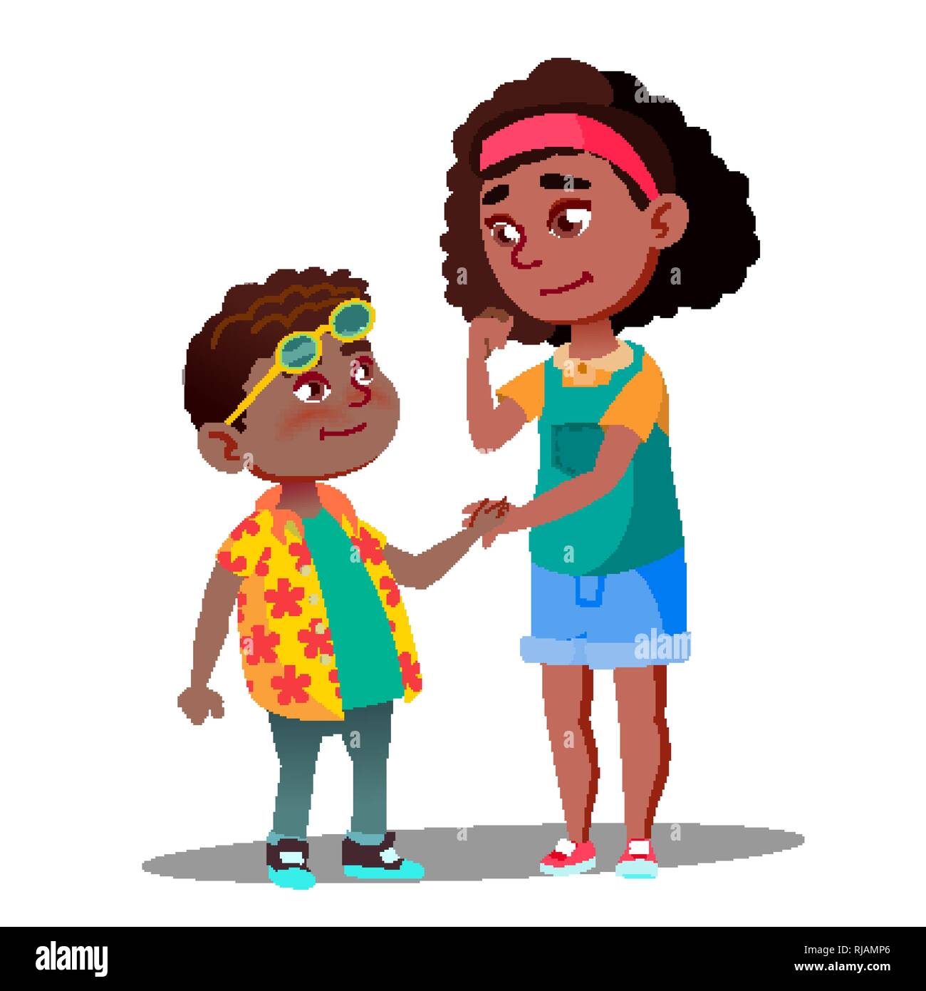 Sorridente ragazza prende la mano del timido Afro American Boy vettore. Illustrazione isolato Illustrazione Vettoriale