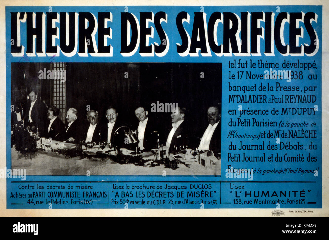 Edouard Daladier (1884 - 1970), uomo politico francese e il Primo ministro di Francia all'inizio della seconda guerra mondiale. Parlando a premere la cena nel 1938 Foto Stock