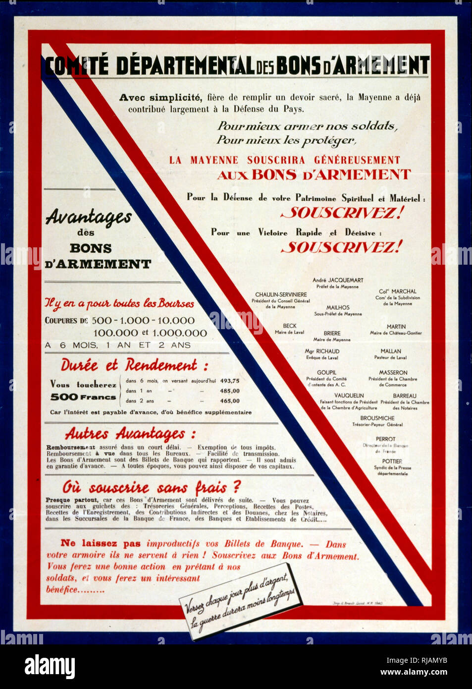 Francese, guerra mondiale due poster per 'Comite national des Bons d'Armement. Questa organizzazione è stata creata su iniziativa di personalità rappresentative delle varie componenti della società francese: militare, autorità religiose, presentatori del mondo della letteratura e delle arti, il mondo economico, ecc., a chiedere alle persone di partecipare a lo sforzo di guerra Foto Stock