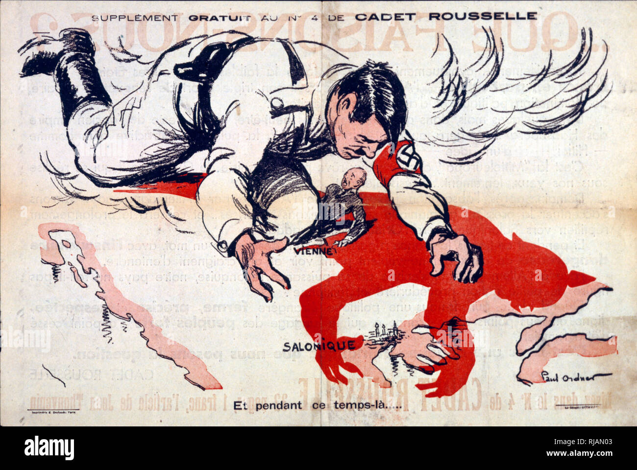 Comunista Francese ant-nazista e anti-Hitler propaganda cartoon 1940. Mostra Adolf Hitler afferrando la Grecia e Austria Foto Stock