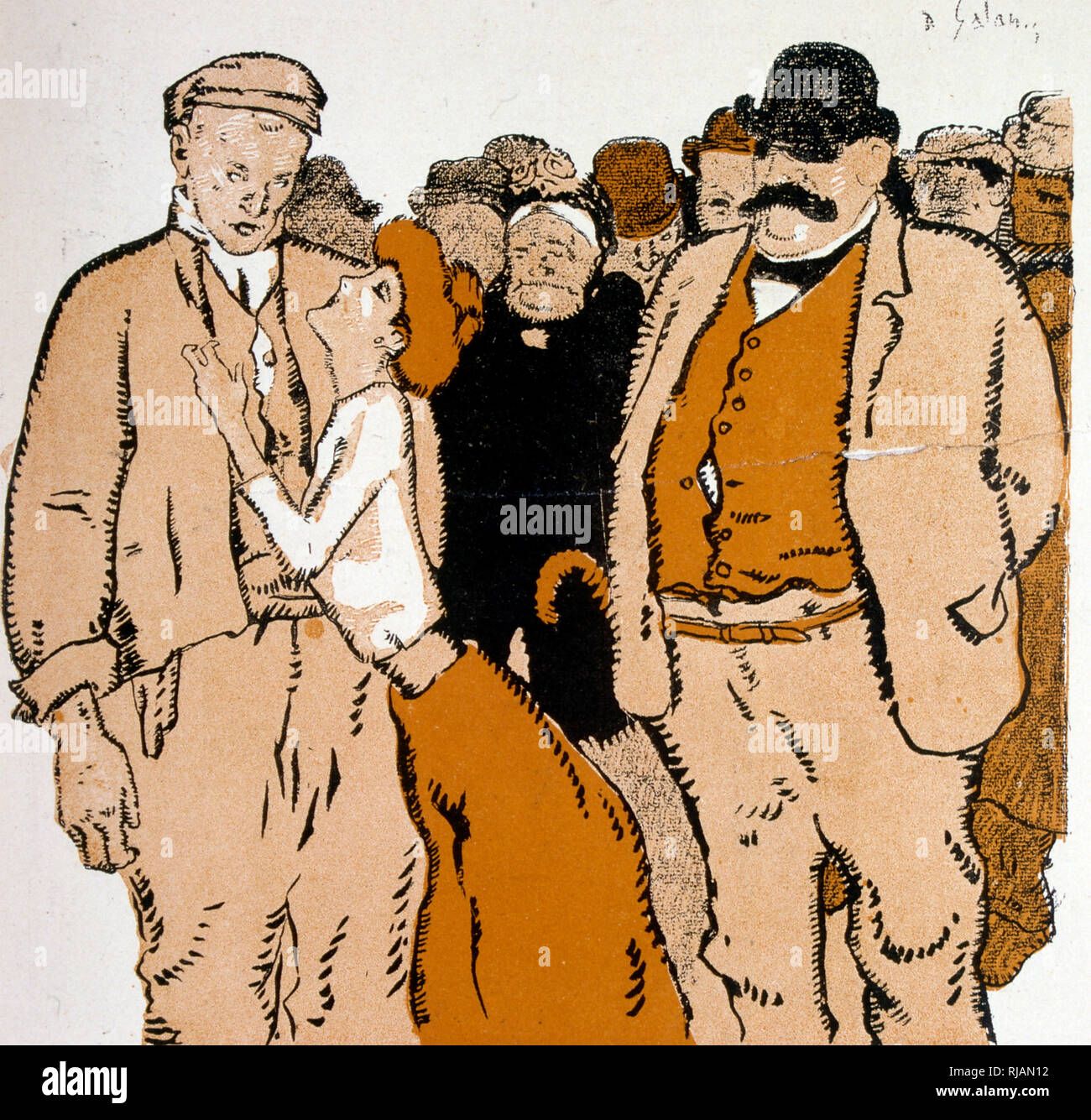 Il francese caricatura mostra una donna che attanaglia presso la giacca di un uomo come una folla guarda su 1906 Foto Stock