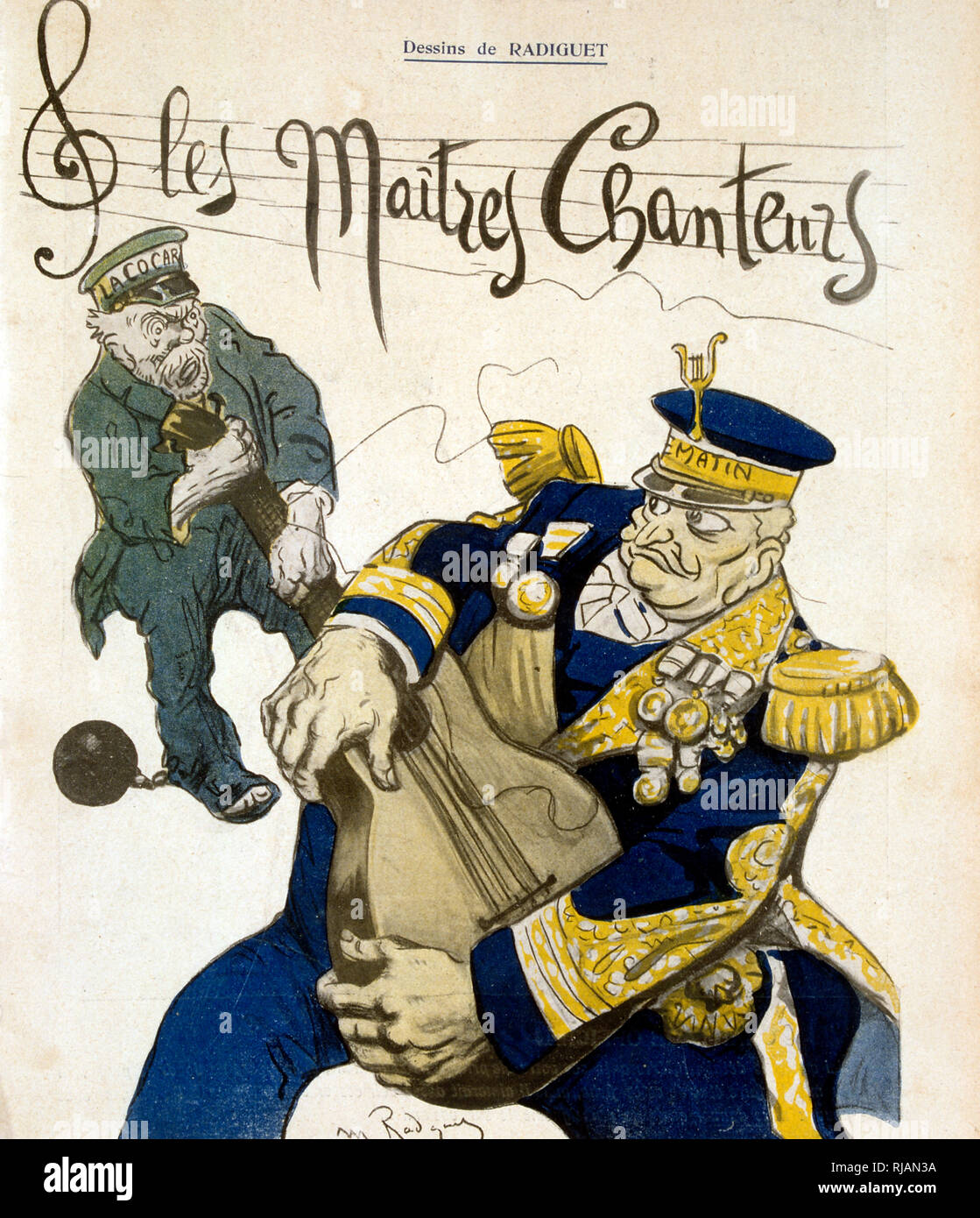 La caricatura in L'Assiette du Beurre, 1906, raffiguranti due uomini in uniforme di un prigioniero uno un portiere lottando su una chitarra Foto Stock