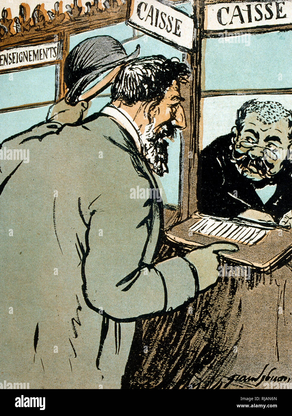 Illustrazione francese di un cassiere di banca parlando con un cliente 1900 Foto Stock