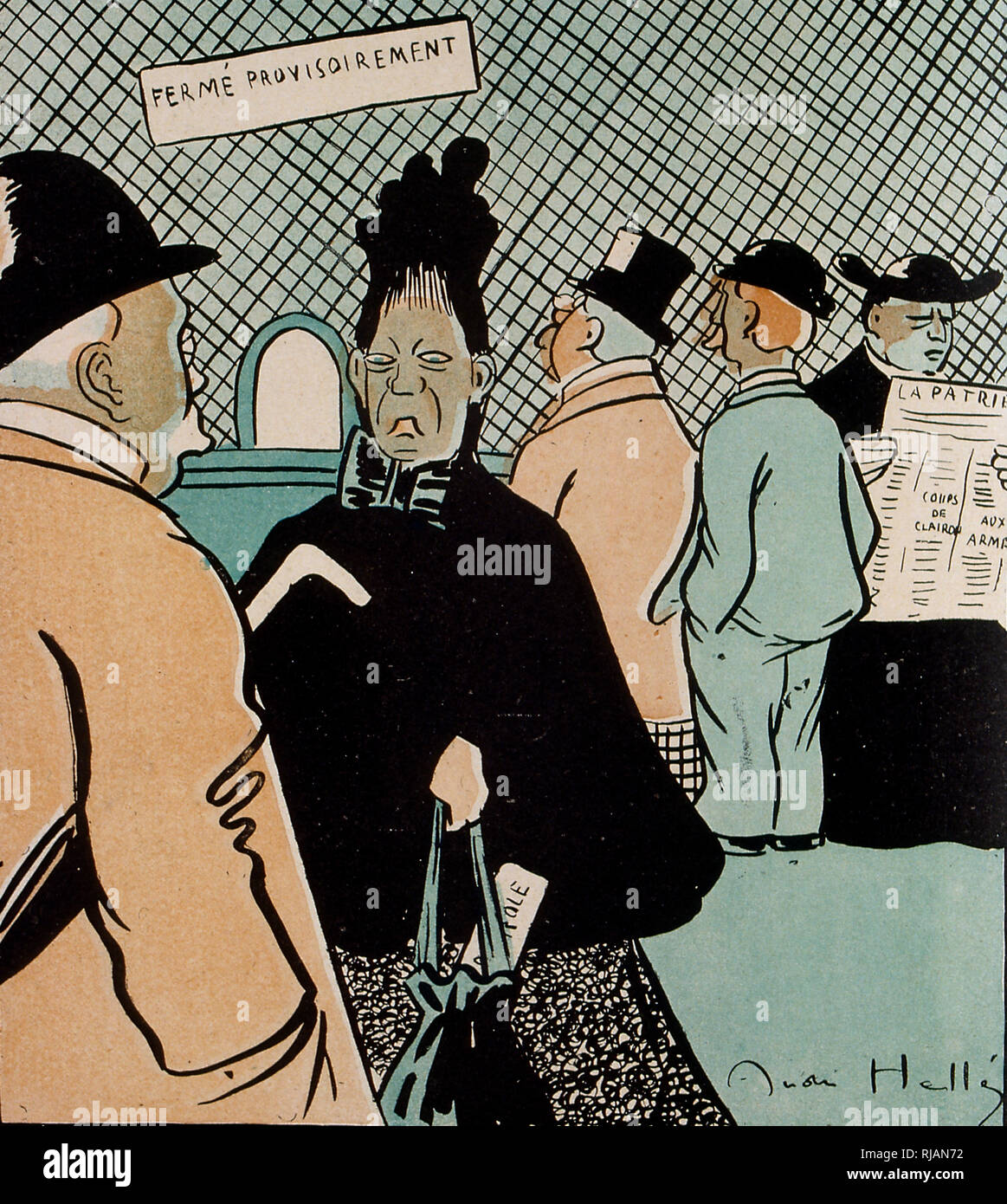 Illustrazione francese di una donna delusi in quanto essa trova la banca cassiere ha chiuso e una coda ha formato 1900 Foto Stock