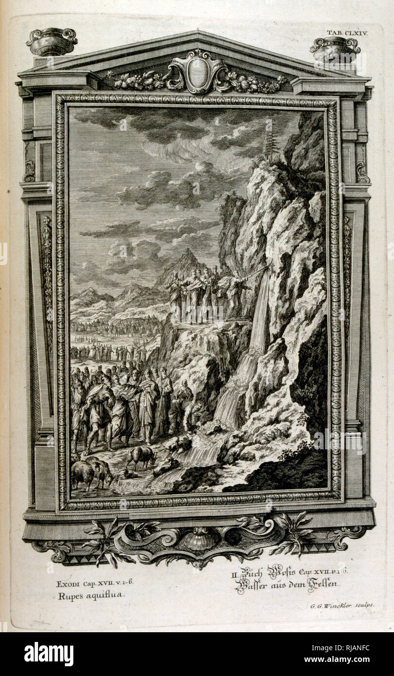 Mosè fa venire acqua da una roccia, quando gli Israeliti fuggirono nel Sinai, esodo dall Egitto. Da Physique sacree, ou Histoire Naturelle-de la Bibbia, 1732-1737, da Johann Jakob Scheuchzer (1672 - 1733), un studioso Svizzero nato a Zurigo Foto Stock