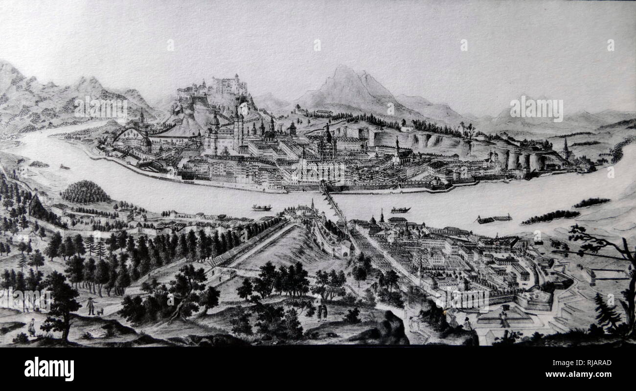 Vista della città e della fortezza di Salisburgo, Austria circa 1780. Il rotocalco da Antoine Amon, dopo Franz Nauman Foto Stock