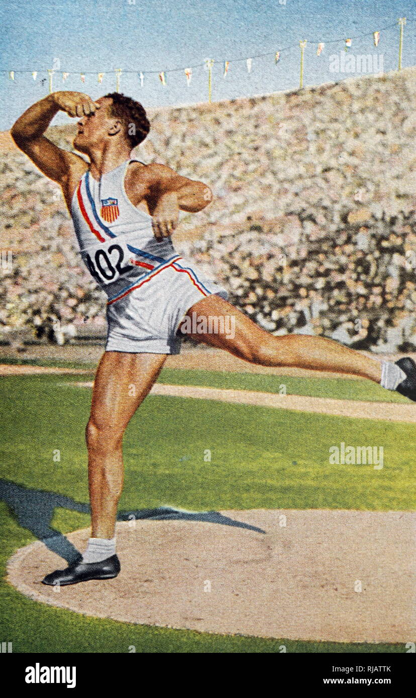 Fotografia di John Franklin Anderson (1907 - 1948) competere nel lancio del disco durante il 1932 giochi olimpici. Foto Stock