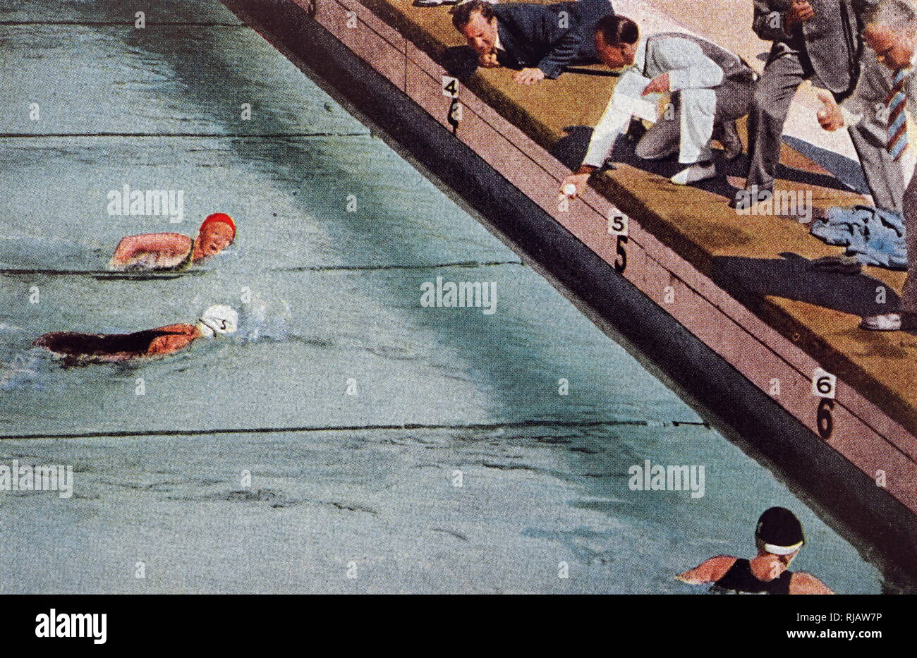 Fotografia di 100 metri di freestyle finale donne al 1932 giochi olimpici. Ha vinto da Helene Emma Madison (1931 - 1970) DAGLI STATI UNITI D'AMERICA. Foto Stock