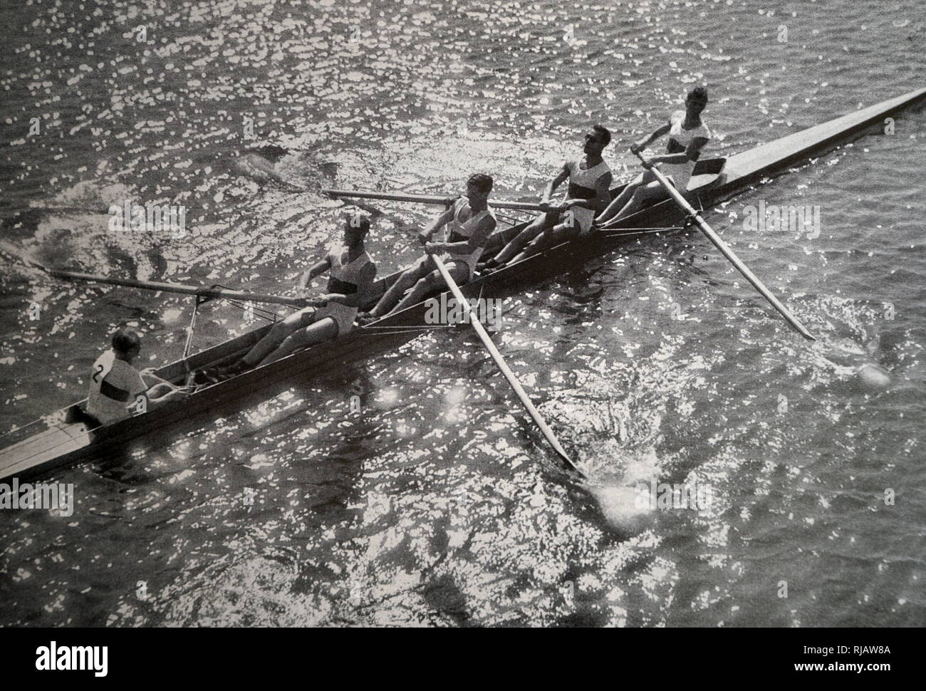 Fotografia del tedesco Coxed quattro team in voga durante il 1932 giochi olimpici. Hans Eller, Horst Hoeck, Walter Meyer, Joachim Spremberg & Carlheinz Neumann. Foto Stock