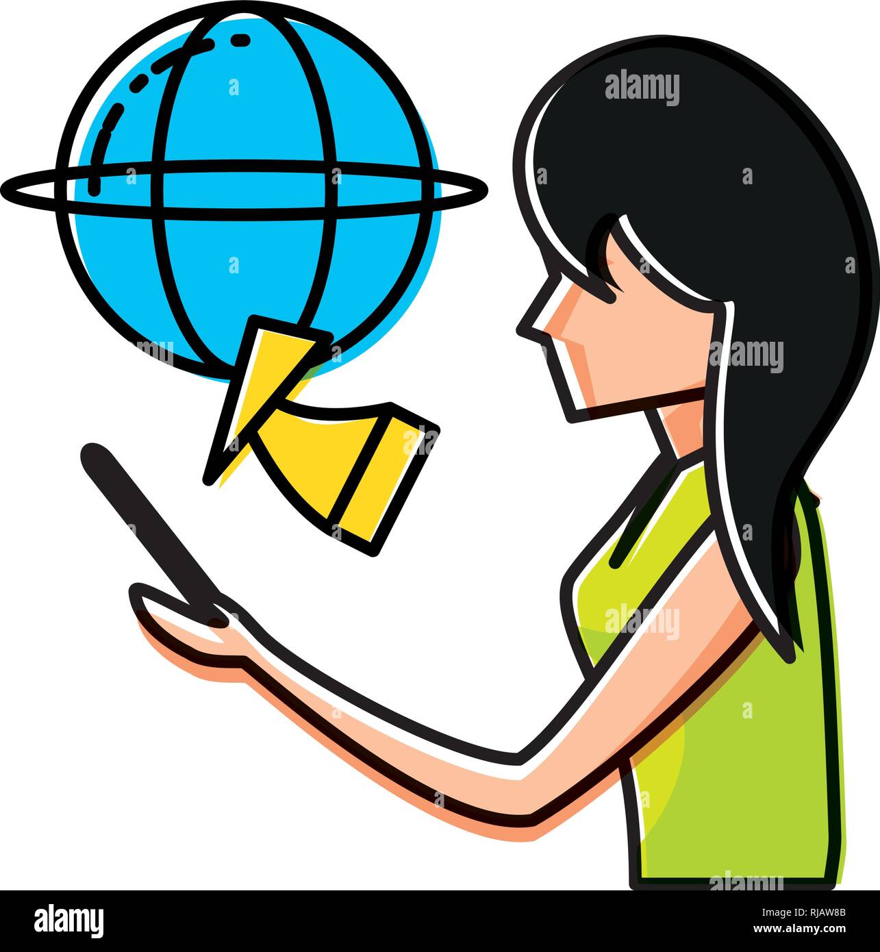 Donna che utilizza smartphone con browser sfera illustrazione vettoriale design Illustrazione Vettoriale