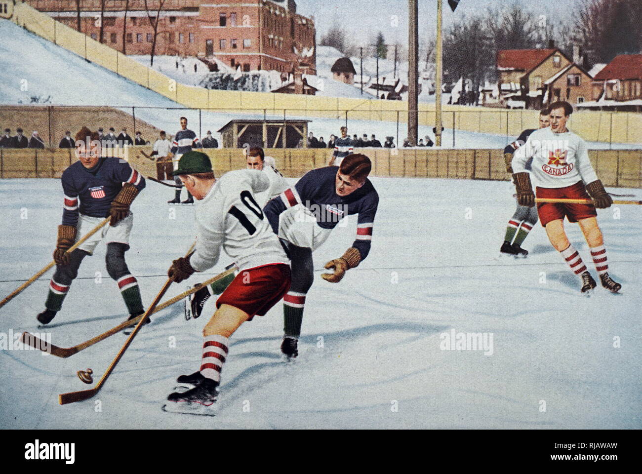 Fotografia del Canada Vs. America dell'hockey su ghiaccio al 1932 Giochi Olimpici Invernali. Il Canada ha vinto l'oro mentre l'America è arrivata seconda assunzione di argento. Foto Stock
