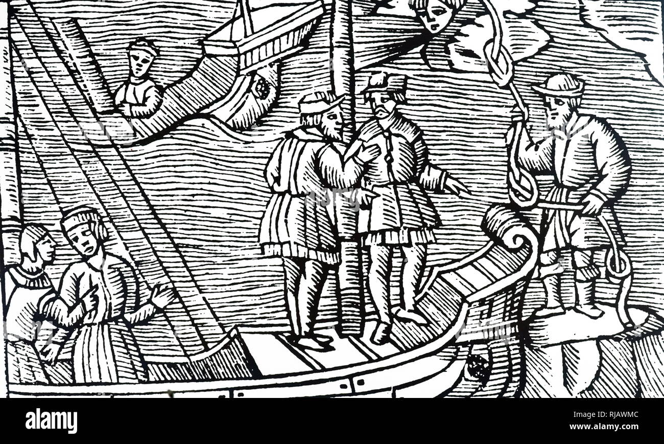 Una xilografia incisione raffigurante i marittimi acquisto di venti (legato in nodi) da uno stregone. Datata xvi secolo Foto Stock