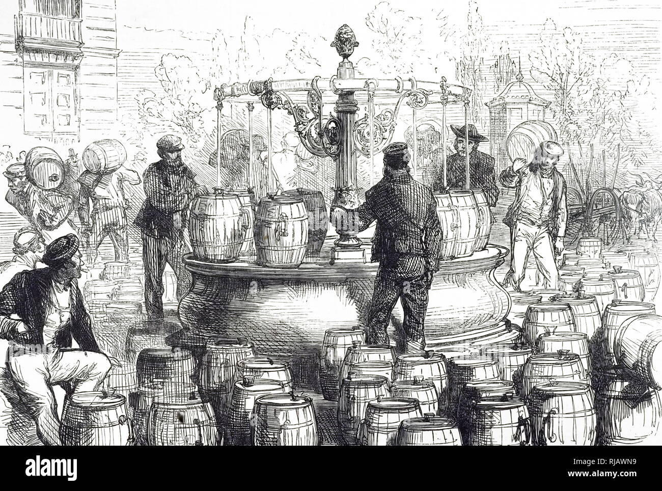Una incisione raffigurante portatori di acqua botti di riempimento a Madrid, Spagna. Datata del XIX secolo Foto Stock