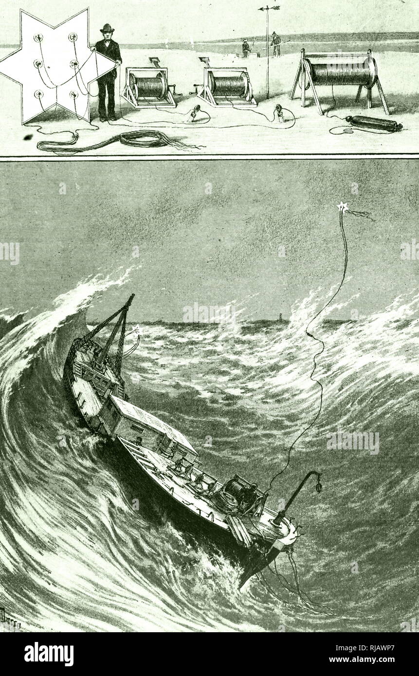 Una incisione raffigurante Woodbridge Davis il kite per riva al salvataggio della nave. Se una barca è stata in difficoltà vicino alla riva, il kite è stato lanciato verso la nave che trasporta una linea che potrebbe essere usato per salvare i superstiti da calzoncini boa, o altri dispositivi idonei. La seguente immagine mostra il kite in uso. Datata del XIX secolo Foto Stock