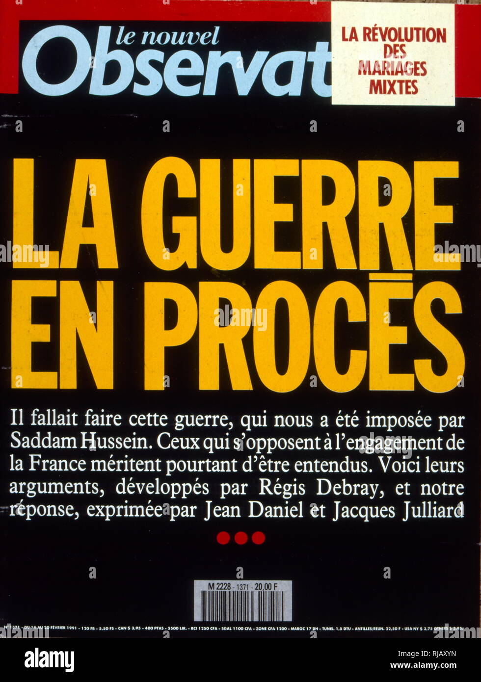 Coperchio anteriore della rivista francese "Nouvel Observateur' con articolo di Regis Debray sulla guerra del Golfo in Iraq, 1991. Jules Regis Debray, filosofo francese, giornalista, ex funzionario governativo e accademico. Foto Stock