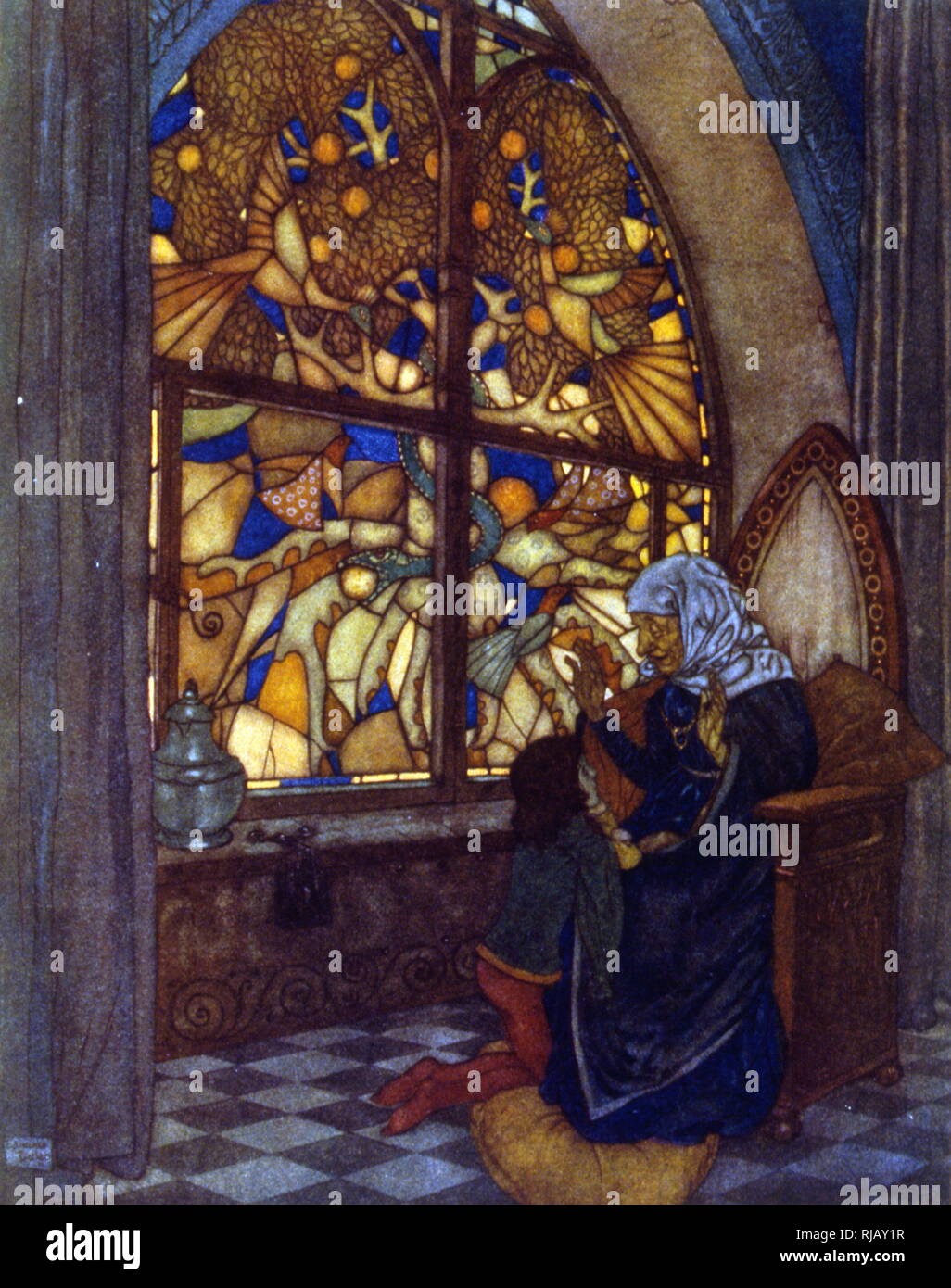 Illustrazione che mostra un medievale vecchia donna dietro una finestra di vetro colorato 1895 Foto Stock