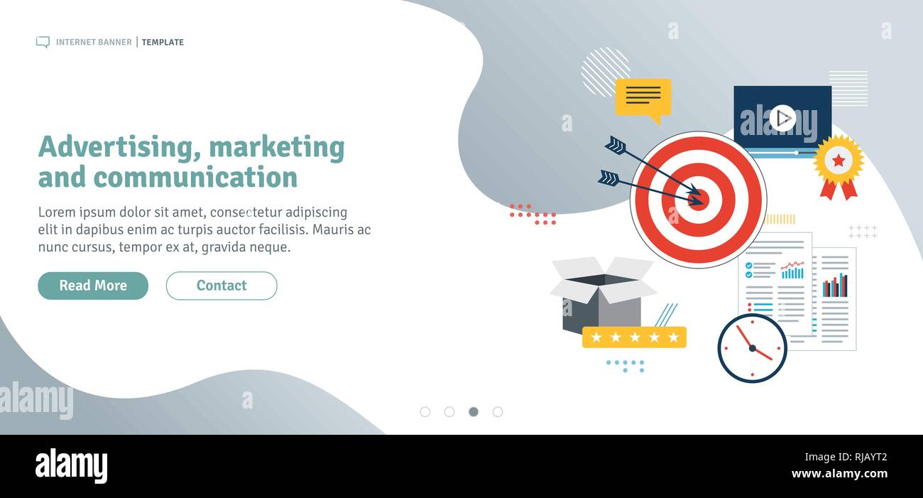 Pubblicità, marketing e comunicazione. business marketing, analisi e strategia in reti sociali e social media. Modello in design piatto per Illustrazione Vettoriale