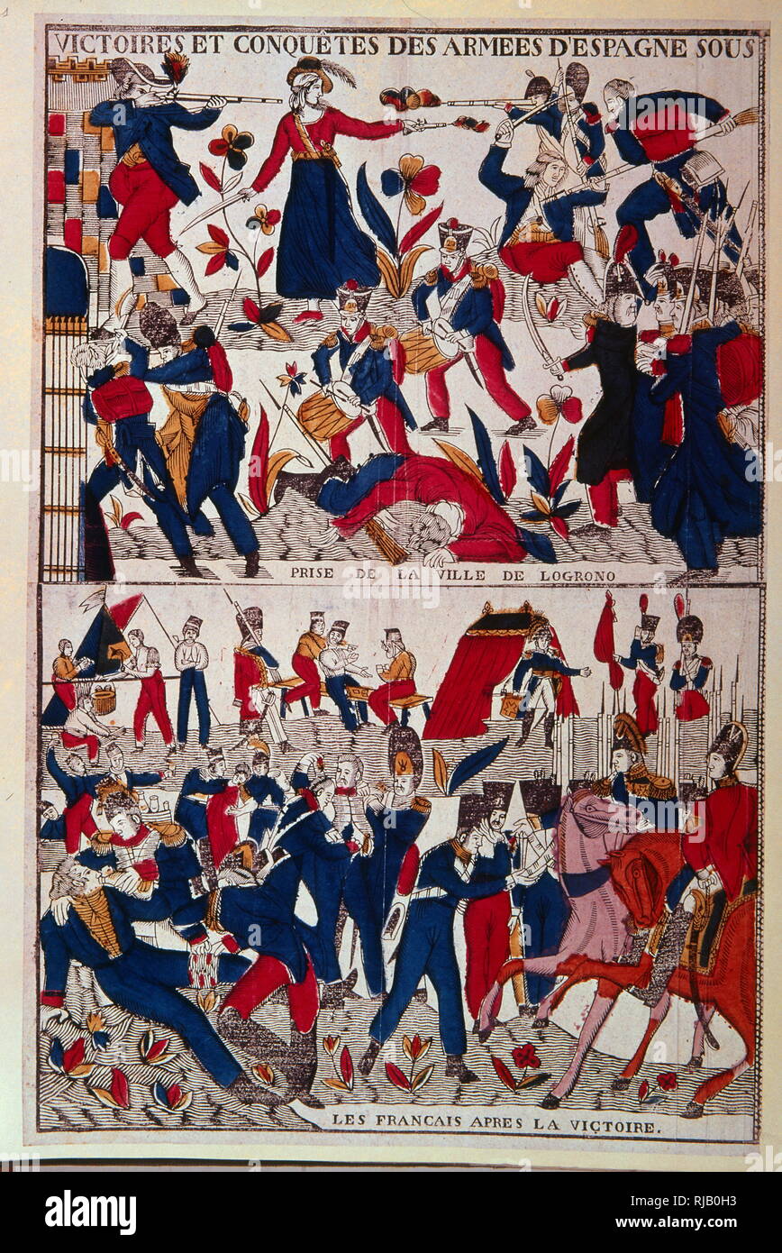 Lo spagnolo del XIX secolo la xilografia illustrazione che mostra sfrutta dell'esercito spagnolo Foto Stock
