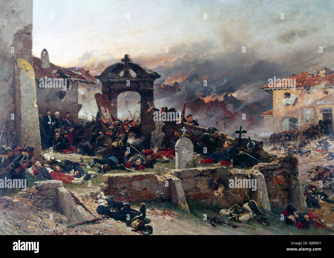 Un Neuville (1835 - 1885), il cimitero di Saint-Privat 1870. Le Cimetiere de Saint-Privat (18 Aout 1870); Alphonse de Neuville, fu un artista francese della guerra franco-prussiana del 1870. Qui egli evoca gli ultimi momenti nella battaglia nel cimitero di Saint Privat, nei pressi di Metz, il 18 agosto 1870, dove il maresciallo Bazaine dell'esercito di combattimento è stata la prima e la seconda armata dell'esercito prussiano. Foto Stock
