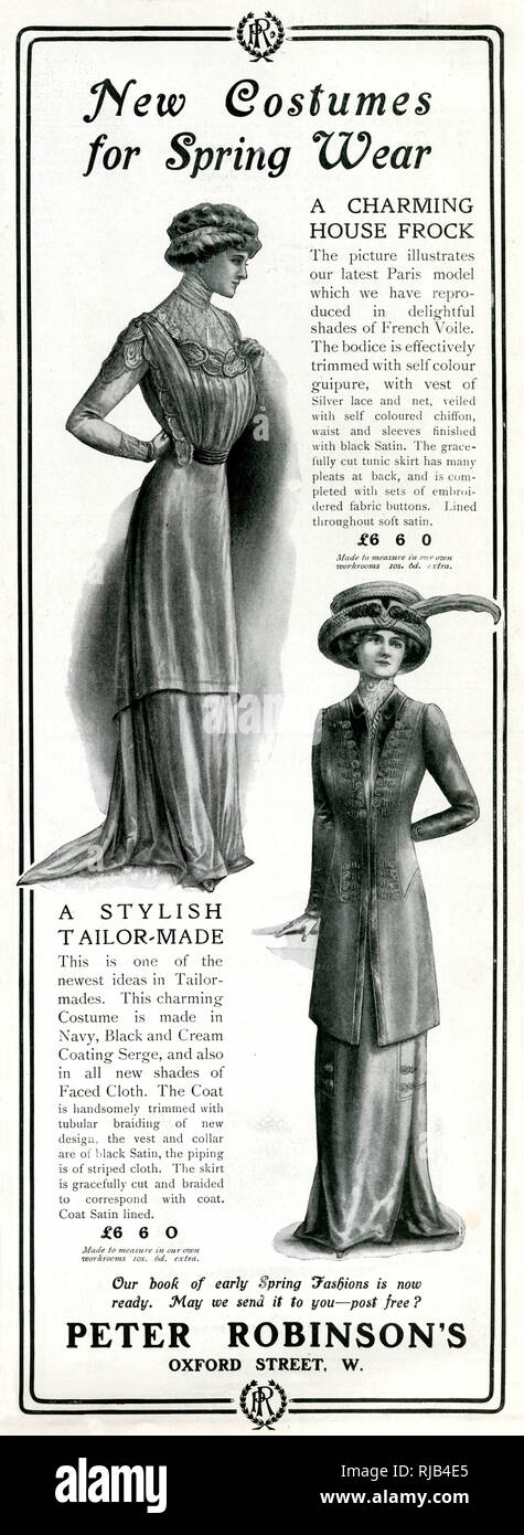Pubblicità per l'abbigliamento primaverile femminile di Peter Robinson 1910 Foto Stock