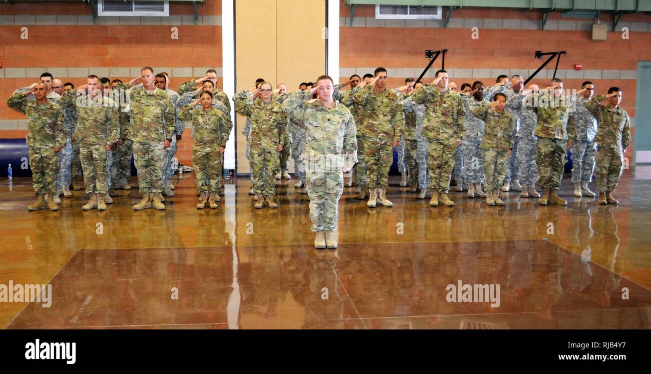 Il cap. Colin Donohue, 314contro il supporto del Battaglione supporto HHC commander, e le sue truppe salutiamo i colori durante una cerimonia di distribuzione al Nevada National Guard Armory novembre 5. La 314CSSB sarà la distribuzione in Iraq per il funzionamento intrinseco di risolvere per il supporto di combattenti della guerra in quella zona di operazione. Funzionamento inerenti risolvere è il militare degli Stati Uniti di nome funzionale per l'intervento militare contro lo Stato islamico dell Iraq e il levante, includendo sia la campagna in Iraq e la campagna in Siria. Foto Stock