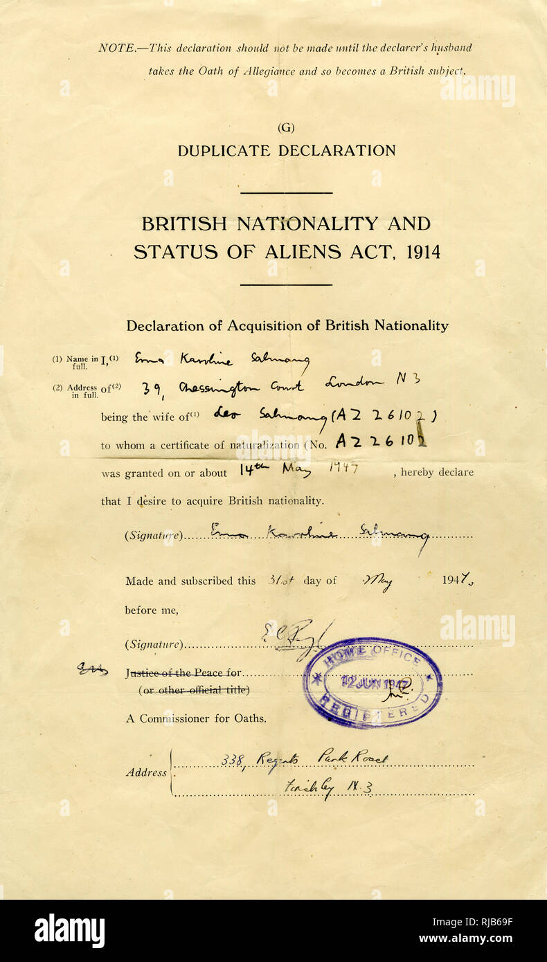 Form, British Nationality and Status of Aliens Act, 1914 Foto Stock