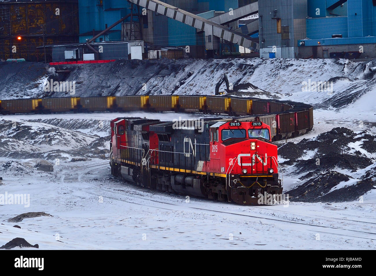 Un Canadian National Railway treno merci il caricamento del carbone a carbone impianto di trasformazione nelle zone rurali di Alberta in Canada Foto Stock
