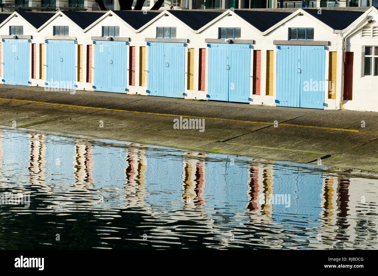 Boatsheds al Boat Harbour, Wellington, Nuova Zelanda Foto Stock