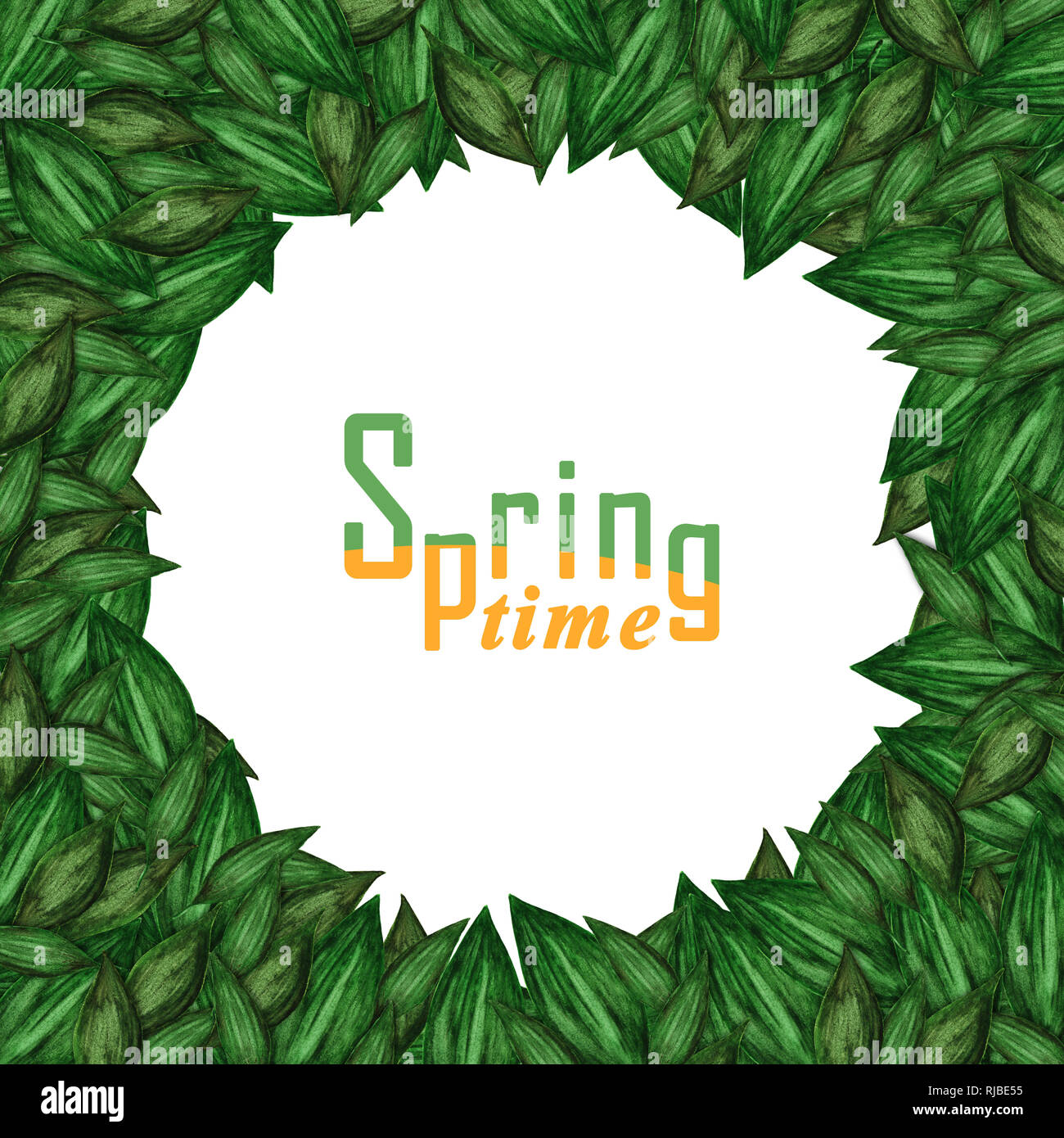 Illustrazione della cornice rotonda tempo primaverile con un sacco di verde foglie ad acquerello Foto Stock