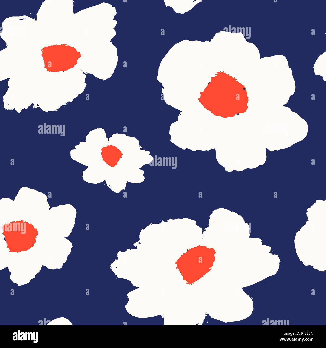 Seamless modello di ripetizione con dipinto a mano fiori in rosso, blu e bianco. Disegnata a mano illustrazione vettoriale, perfetta per creare tessuti, gre Illustrazione Vettoriale