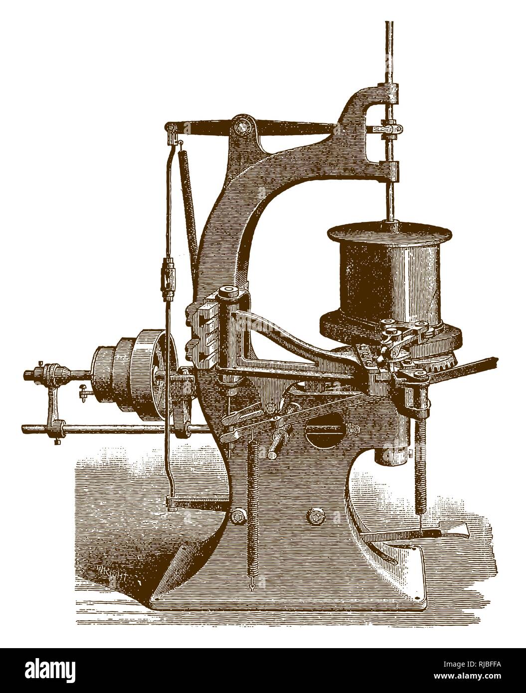 Storica doppietta macchina cucitrice (dopo una incisione o incisione da XIX secolo) Illustrazione Vettoriale