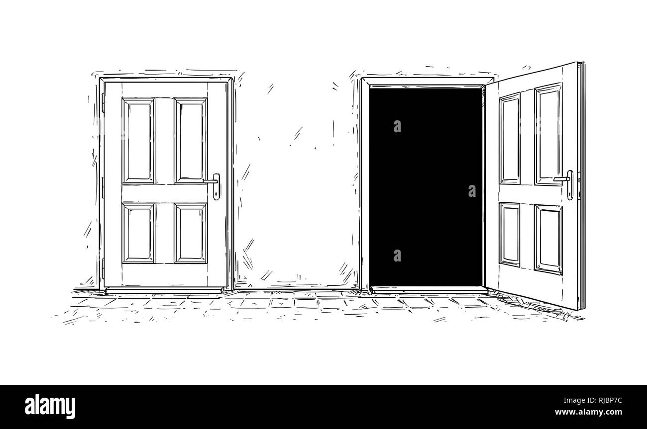 Cartoon di due aprire e chiudere in legno porta di decisione Foto stock -  Alamy