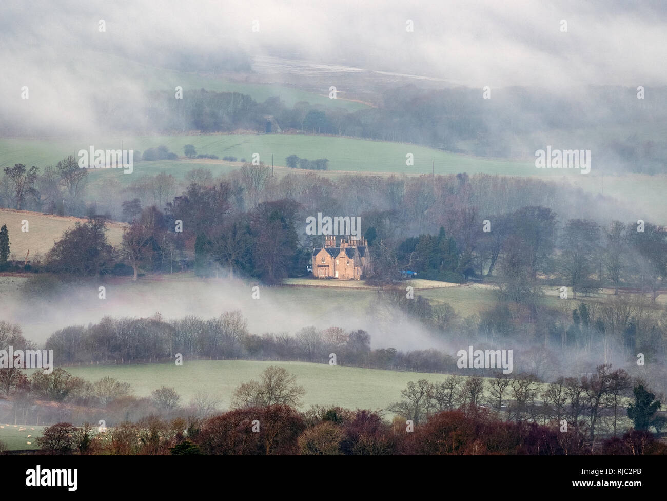 Vista del terreno coltivato su un gelido mattina vicino a Linlithgow, West Lothian' Foto Stock