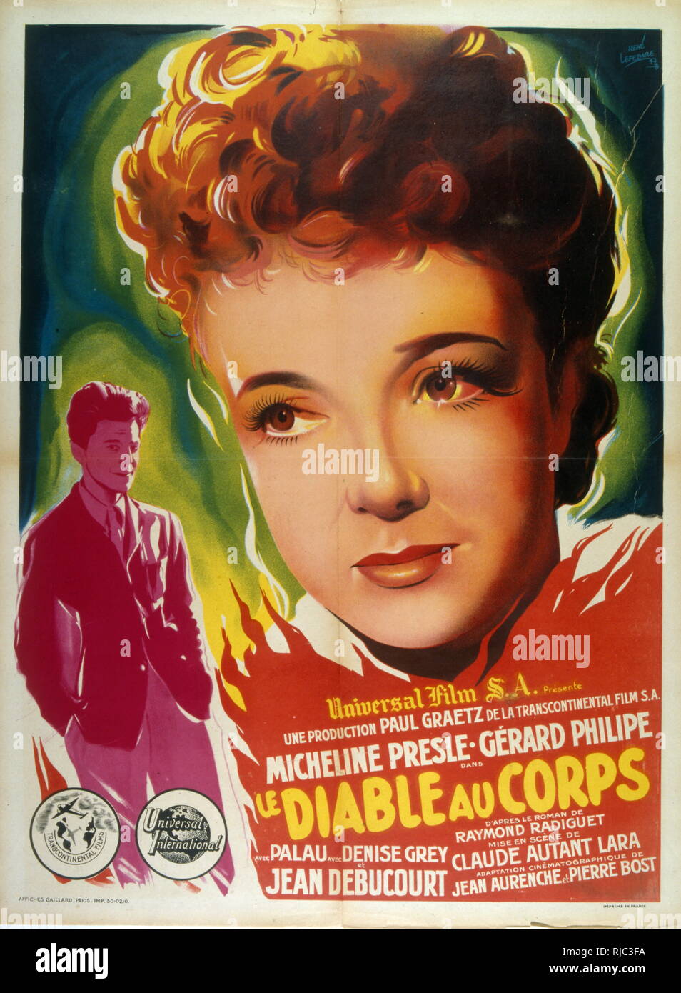 Poster per il film francese; il diavolo in carne (francese: Le Diable au corps) è un 1947 film francese diretto da Claude Autant-Lara starring Micheline Presle e Gerard Philipe. Esso è basato su un romanzo di Raymond Radiguet Foto Stock