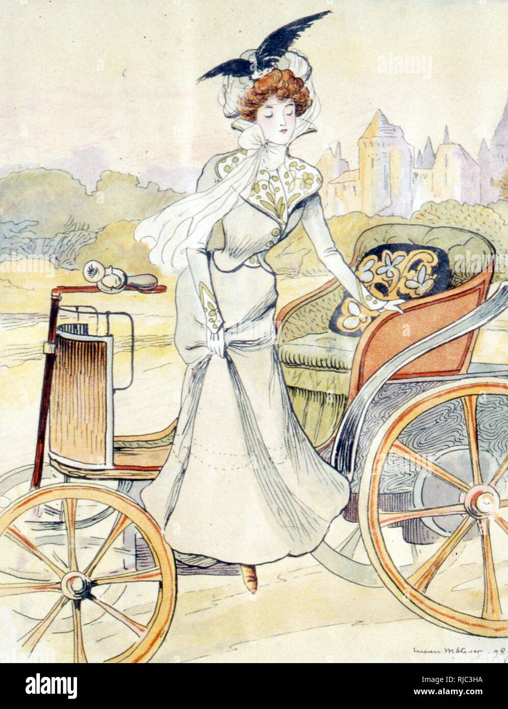 Illustrazione francese raffigurante un elegante signora discendente da una automobile vintage. 1898 Foto Stock