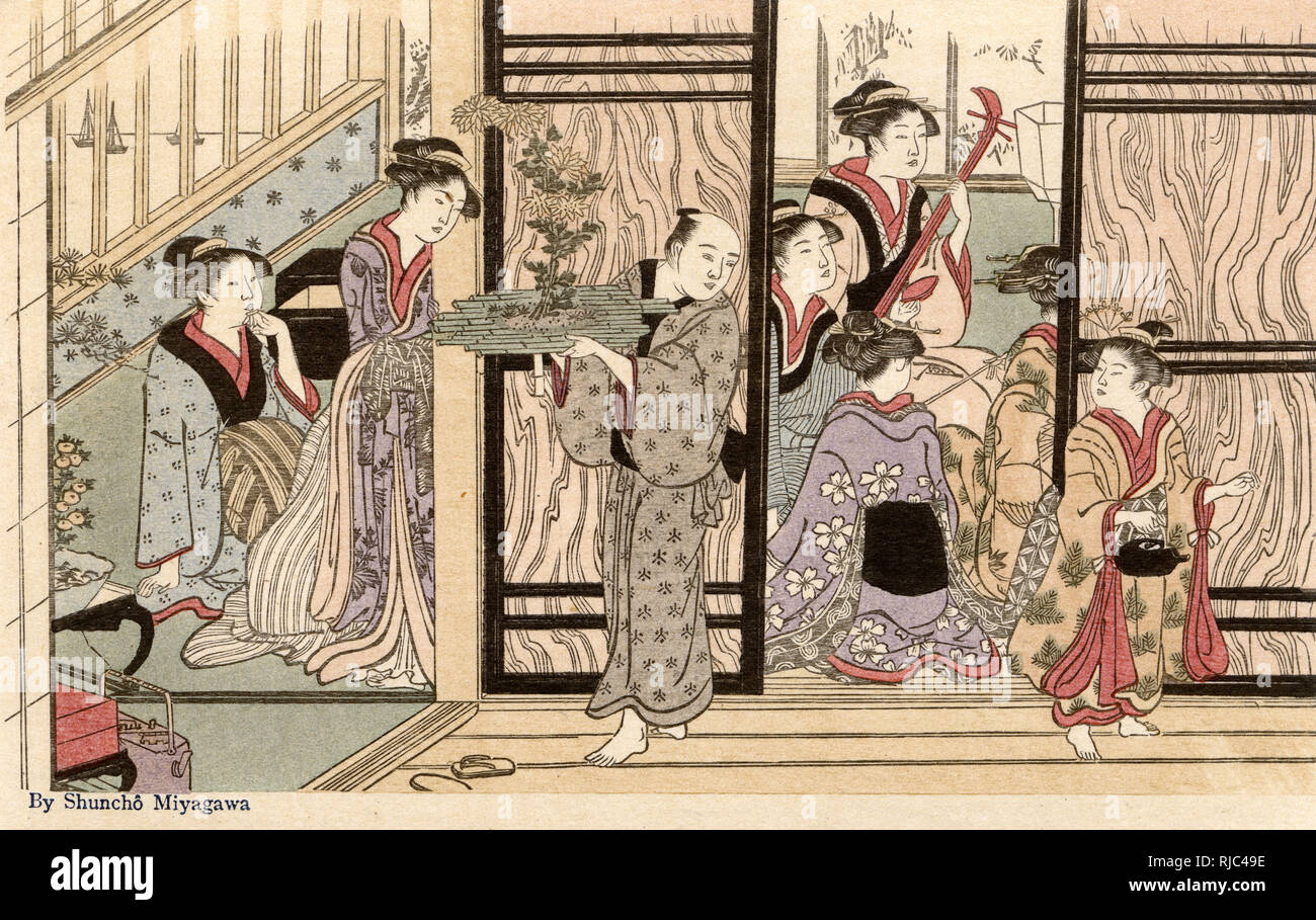 Scena nazionale da Katsukawa Shuncho (fl. 1783 a circa 1795) con più figure all'interno e al di fuori di una casa con la musica suonata e servo che porta un albero di bonsai mentre un'altra porta e serve tè. Foto Stock